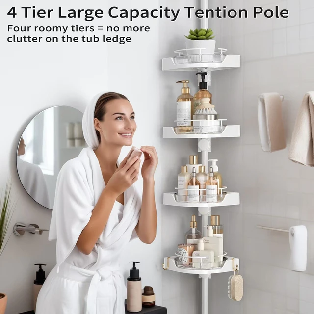 Alt view image 6 of 7 - 360° Rotating Corner Shower Caddy Tension Pole Organizer, White | 4-Tier rotating shelves with hooks, adjustable tray height, upgraded rustproof metal pole, removable trays for shower storage