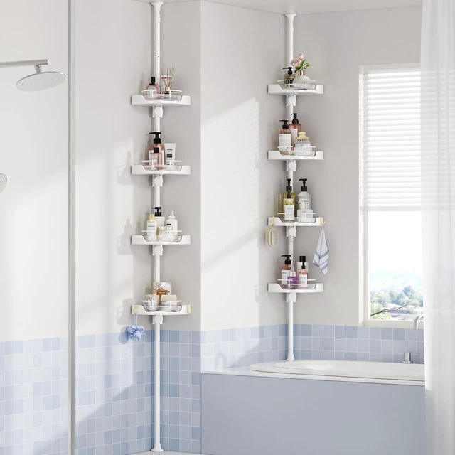 Alt view image 7 of 7 - 360° Rotating Corner Shower Caddy Tension Pole Organizer, White | 4-Tier rotating shelves with hooks, adjustable tray height, upgraded rustproof metal pole, removable trays for shower storage