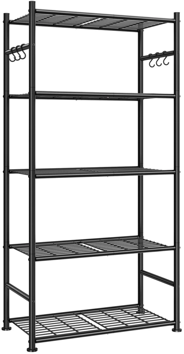 Main image of Storage Shelves - 5-Tier Large Capacity Shelf Organizer with Hooks, Heavy-Duty Garage Shelving with Leveling Feet, Wobble-Free Rack for Bedroom, Balcony, Garage, 23.6"×13.7"×59", White