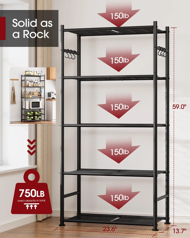 Alt view image 2 of 3 - Storage Shelves - 5-Tier Large Capacity Shelf Organizer with Hooks, Heavy-Duty Garage Shelving with Leveling Feet, Wobble-Free Rack for Bedroom, Balcony, Garage, 23.6"×13.7"×59", White