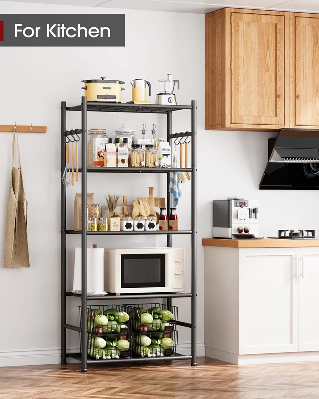 Alt view image 3 of 3 - Storage Shelves - 5-Tier Large Capacity Shelf Organizer with Hooks, Heavy-Duty Garage Shelving with Leveling Feet, Wobble-Free Rack for Bedroom, Balcony, Garage, 23.6"×13.7"×59", White