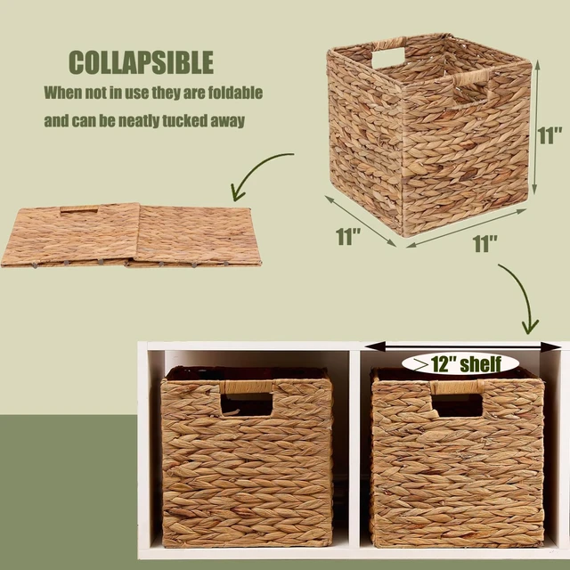 Alt view image 2 of 6 - 11x11in Storage Baskets 4 Pcs Storage Bins for Shelves,Laundry Organizers | 4 Baskets in One Nice Box-Handwoven Water Hyacinth Baskets,Foldable Storage Baskets With Carry Handles