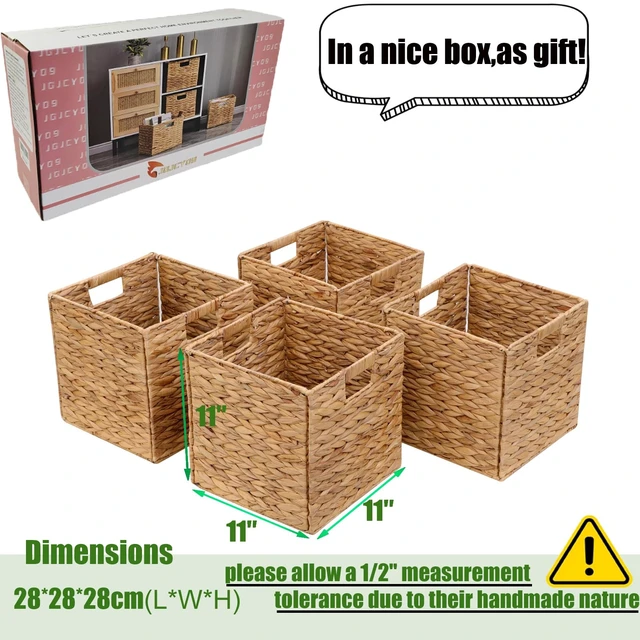 Alt view image 3 of 6 - 11x11in Storage Baskets 4 Pcs Storage Bins for Shelves,Laundry Organizers | 4 Baskets in One Nice Box-Handwoven Water Hyacinth Baskets,Foldable Storage Baskets With Carry Handles