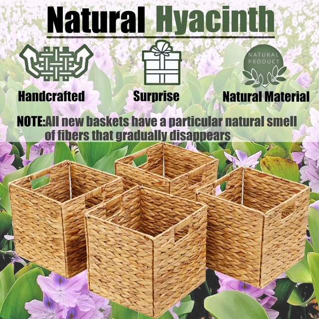 Alt view image 6 of 6 - 11x11in Storage Baskets 4 Pcs Storage Bins for Shelves,Laundry Organizers | 4 Baskets in One Nice Box-Handwoven Water Hyacinth Baskets,Foldable Storage Baskets With Carry Handles