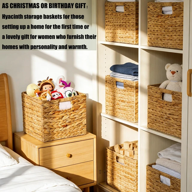 Alt view image 5 of 6 - 11x11in Storage Baskets 4 Pcs Storage Bins for Shelves,Laundry Organizers | 4 Baskets in One Nice Box-Handwoven Water Hyacinth Baskets,Foldable Storage Baskets With Carry Handles