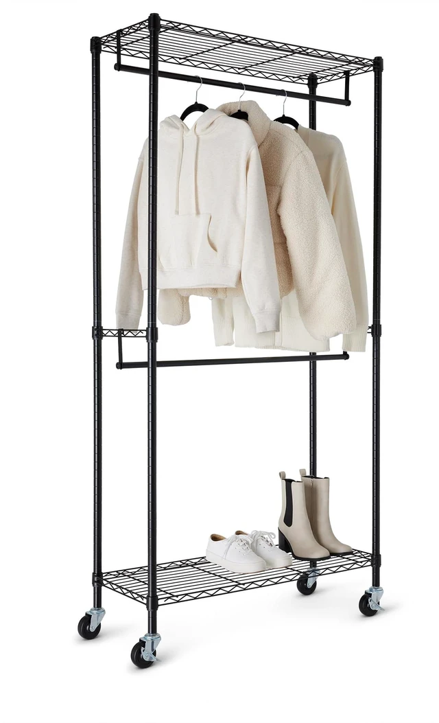 Main image of Adjustable Double Rod Rolling Garment Rack, Hanging Clothes Closet Organizer with Wheels, Heavy Duty, 36" x 14" x 72", Black