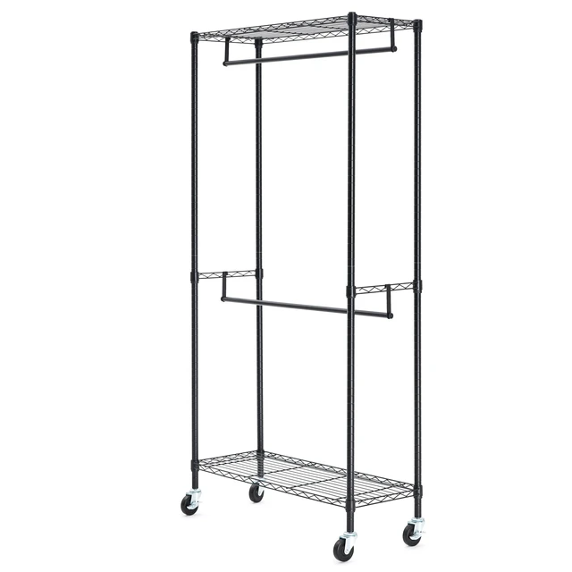 Alt view image 3 of 5 - Adjustable Double Rod Rolling Garment Rack, Hanging Clothes Closet Organizer with Wheels, Heavy Duty, 36" x 14" x 72", Black