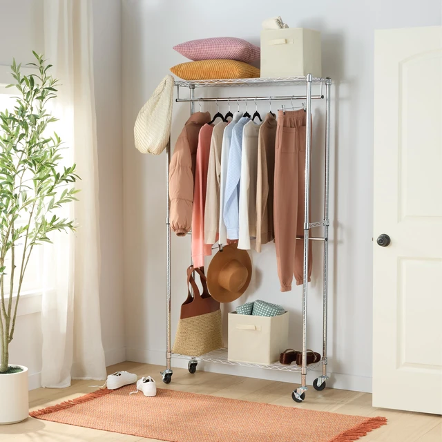 Alt view image 5 of 5 - Adjustable Double Rod Rolling Garment Rack, Hanging Clothes Closet Organizer with Wheels, Heavy Duty, 36" x 14" x 72", Black
