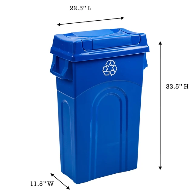 Alt view image 2 of 7 - 23 Gallon Highboy Plastic Recycling Bin Kitchen Trash Can with Lid, Pass Through Handles, and Dustpan Edge, Blue
