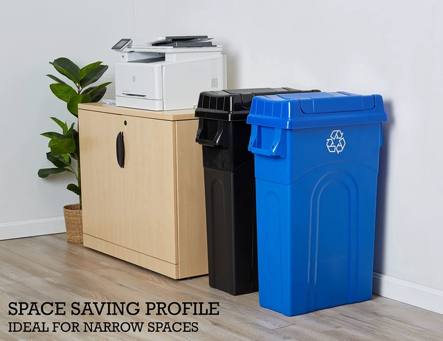 Alt view image 3 of 7 - 23 Gallon Highboy Plastic Recycling Bin Kitchen Trash Can with Lid, Pass Through Handles, and Dustpan Edge, Blue