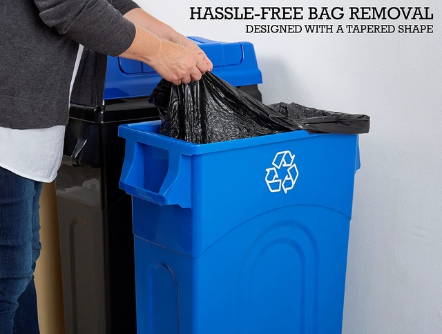Alt view image 5 of 7 - 23 Gallon Highboy Plastic Recycling Bin Kitchen Trash Can with Lid, Pass Through Handles, and Dustpan Edge, Blue