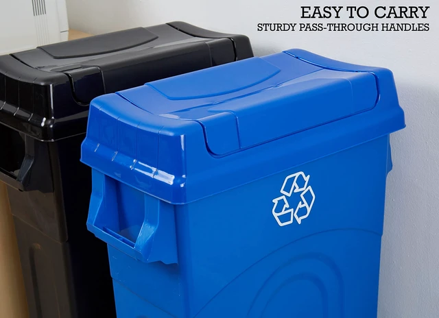Alt view image 6 of 7 - 23 Gallon Highboy Plastic Recycling Bin Kitchen Trash Can with Lid, Pass Through Handles, and Dustpan Edge, Blue