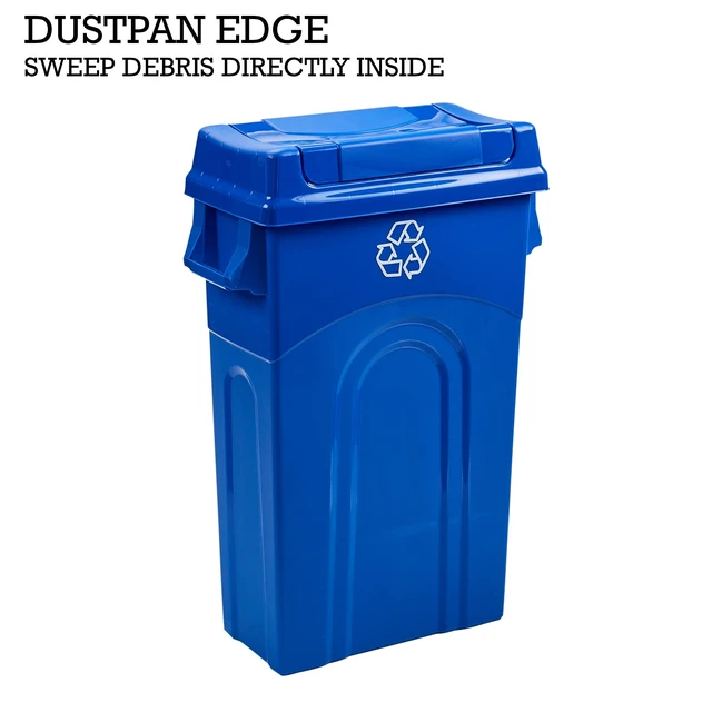 Alt view image 7 of 7 - 23 Gallon Highboy Plastic Recycling Bin Kitchen Trash Can with Lid, Pass Through Handles, and Dustpan Edge, Blue