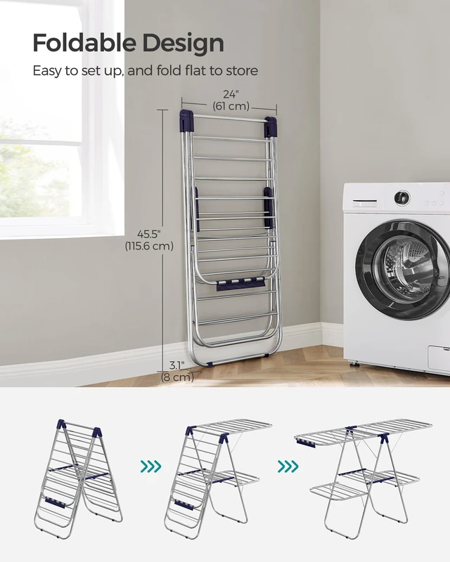 Alt view image 6 of 7 - Clothes Drying Rack, Foldable 2-Level Stee Laundry Drying Rack | Floor-Standing Airer, 4 Height-Adjustable Gullwings, Sock Clips, Silver and Blue, BUNJI Collection ULLR53BU