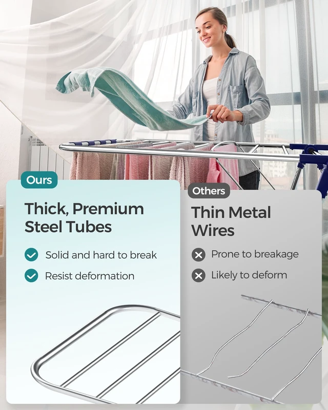 Alt view image 7 of 7 - Clothes Drying Rack, Foldable 2-Level Stee Laundry Drying Rack | Floor-Standing Airer, 4 Height-Adjustable Gullwings, Sock Clips, Silver and Blue, BUNJI Collection ULLR53BU