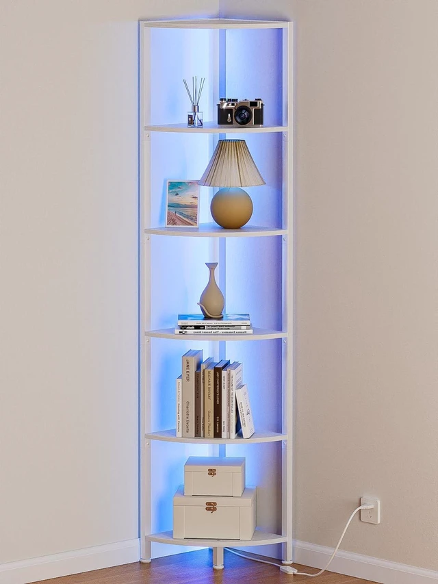 Main image of 6 Tier Corner Shelf with LED Light, 67.5" White Narrow Bookshelf | Tall Standing Shelf Organizer, Storage Rack for Wall Corner, Living Room, Bedroom, Metal Frame, Wood Display Shelf