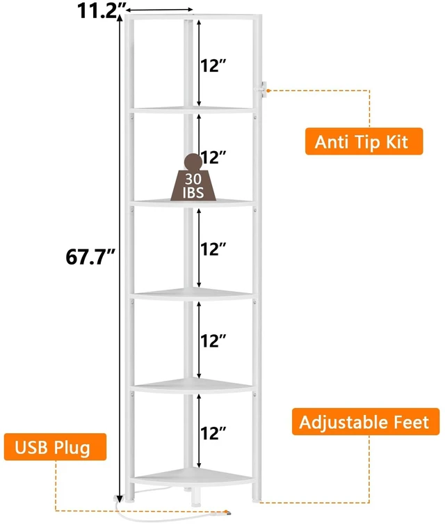 Alt view image 2 of 7 - 6 Tier Corner Shelf with LED Light, 67.5" White Narrow Bookshelf | Tall Standing Shelf Organizer, Storage Rack for Wall Corner, Living Room, Bedroom, Metal Frame, Wood Display Shelf