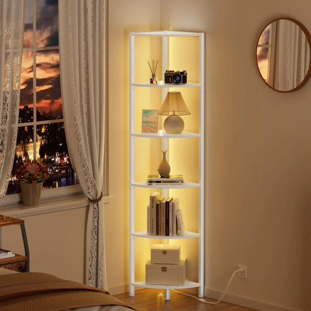 Alt view image 3 of 7 - 6 Tier Corner Shelf with LED Light, 67.5" White Narrow Bookshelf | Tall Standing Shelf Organizer, Storage Rack for Wall Corner, Living Room, Bedroom, Metal Frame, Wood Display Shelf