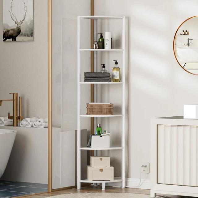 Alt view image 4 of 7 - 6 Tier Corner Shelf with LED Light, 67.5" White Narrow Bookshelf | Tall Standing Shelf Organizer, Storage Rack for Wall Corner, Living Room, Bedroom, Metal Frame, Wood Display Shelf