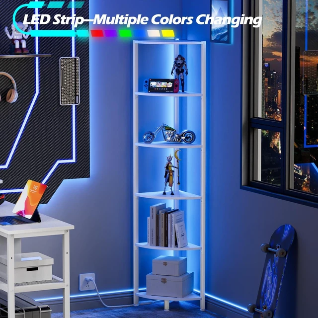 Alt view image 5 of 7 - 6 Tier Corner Shelf with LED Light, 67.5" White Narrow Bookshelf | Tall Standing Shelf Organizer, Storage Rack for Wall Corner, Living Room, Bedroom, Metal Frame, Wood Display Shelf