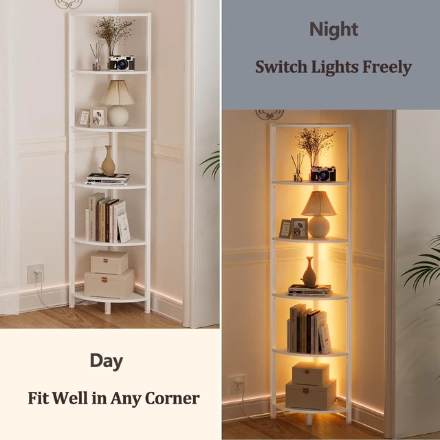 Alt view image 6 of 7 - 6 Tier Corner Shelf with LED Light, 67.5" White Narrow Bookshelf | Tall Standing Shelf Organizer, Storage Rack for Wall Corner, Living Room, Bedroom, Metal Frame, Wood Display Shelf