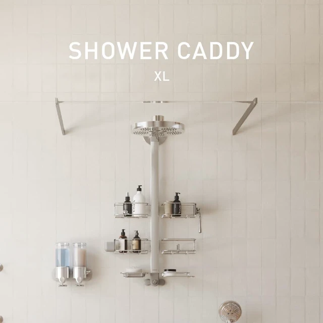 Alt view image 2 of 6 - X-Large Adjustable Hanging Shower Caddy, Handheld Showerhead Compatible, Family-Size Bathroom Organizer with 12-Inch Extended Neck, Adjustable Shelves, Rust-Proof Stainless Steel