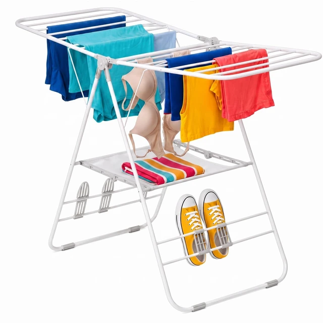 Main image of Heavy-Duty Gullwing Clothes Drying Rack, 50 lb, White | Gullwing rack adds 46 ft of drying space with dedicated shoe bars. Sturdy metal, 50 lb capacity, folds flat.