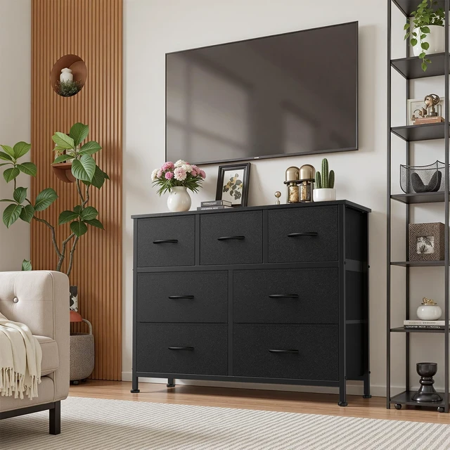 Alt view image 2 of 7 - 7 Drawer Fabric Dresser for Bedroom Storage with Bins, Black | Anti-Tip Closet Organizer with Wooden Top and Sturdy Steel Frame, Spacious Drawers for Clothes Storage, Hallway Entryway