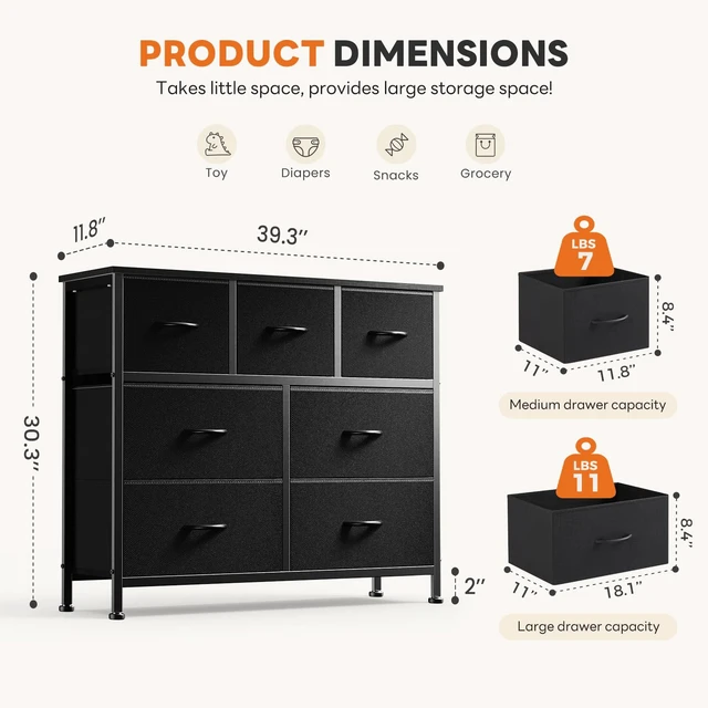 Alt view image 4 of 7 - 7 Drawer Fabric Dresser for Bedroom Storage with Bins, Black | Anti-Tip Closet Organizer with Wooden Top and Sturdy Steel Frame, Spacious Drawers for Clothes Storage, Hallway Entryway