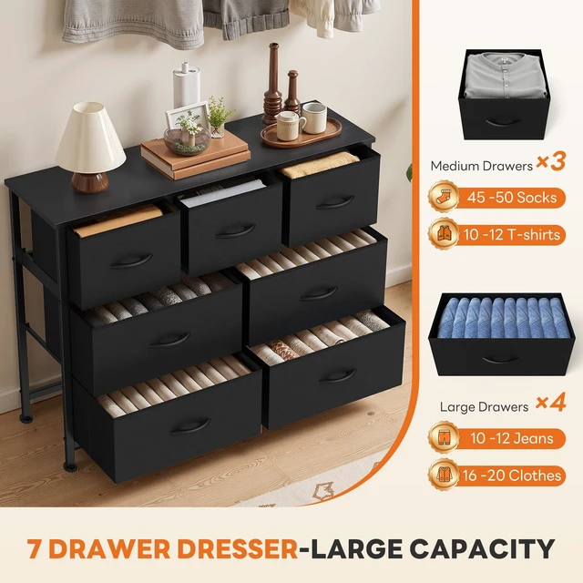 Alt view image 7 of 7 - 7 Drawer Fabric Dresser for Bedroom Storage with Bins, Black | Anti-Tip Closet Organizer with Wooden Top and Sturdy Steel Frame, Spacious Drawers for Clothes Storage, Hallway Entryway