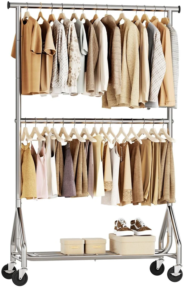 Main image of Heavy Duty Clothes Rack, Double Rod Clothing Rack for Hanging Clothes, Rolling Garment Rack, Adjustable Freestanding Wardrobe Closet Coat Rack for Bedroom Laundry Living Room, Silver