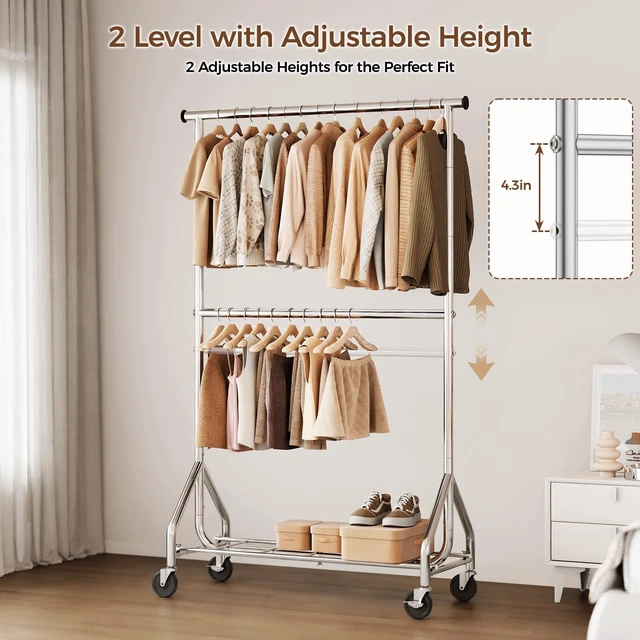 Alt view image 3 of 7 - Heavy Duty Clothes Rack, Double Rod Clothing Rack for Hanging Clothes, Rolling Garment Rack, Adjustable Freestanding Wardrobe Closet Coat Rack for Bedroom Laundry Living Room, Silver