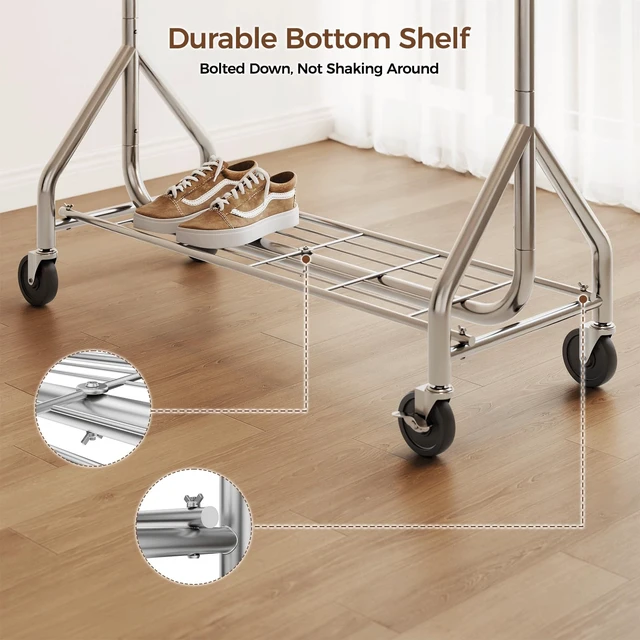 Alt view image 4 of 7 - Heavy Duty Clothes Rack, Double Rod Clothing Rack for Hanging Clothes, Rolling Garment Rack, Adjustable Freestanding Wardrobe Closet Coat Rack for Bedroom Laundry Living Room, Silver
