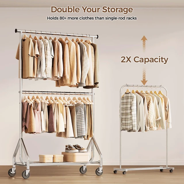 Alt view image 2 of 7 - Heavy Duty Clothes Rack, Double Rod Clothing Rack for Hanging Clothes, Rolling Garment Rack, Adjustable Freestanding Wardrobe Closet Coat Rack for Bedroom Laundry Living Room, Silver
