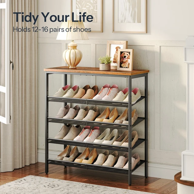 Alt view image 4 of 7 - Shoe Rack for Entryway, 5-Tier Shoe Organizer with Adjustable Mesh Shelves, 16-20 Pairs of Shoes, Spacious Floor Mount, Metal, Industrial, Shoe Shelf for Closet, Rustic Brown BF12XJ01