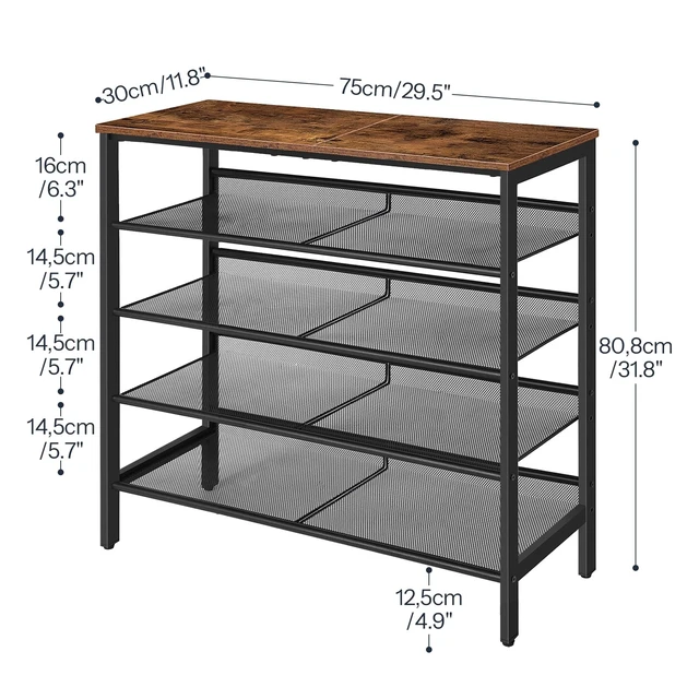 Alt view image 5 of 7 - Shoe Rack for Entryway, 5-Tier Shoe Organizer with Adjustable Mesh Shelves, 16-20 Pairs of Shoes, Spacious Floor Mount, Metal, Industrial, Shoe Shelf for Closet, Rustic Brown BF12XJ01