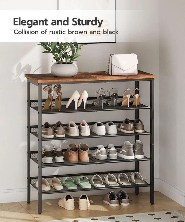 Alt view image 7 of 7 - Shoe Rack for Entryway, 5-Tier Shoe Organizer with Adjustable Mesh Shelves, 16-20 Pairs of Shoes, Spacious Floor Mount, Metal, Industrial, Shoe Shelf for Closet, Rustic Brown BF12XJ01