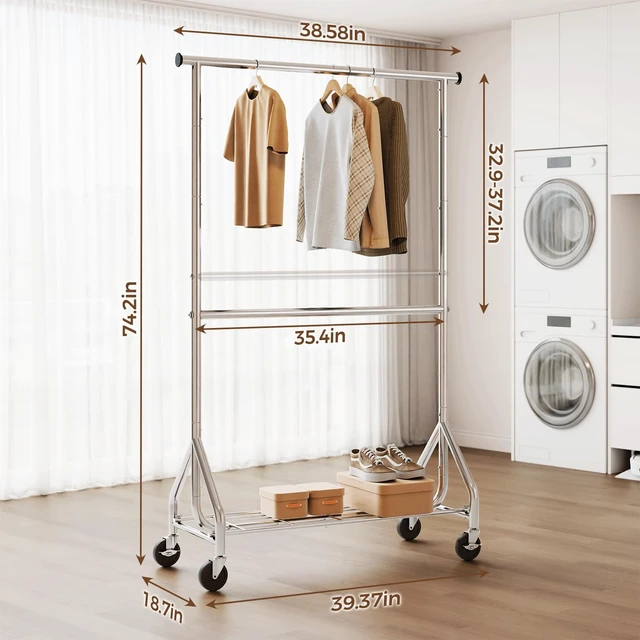 Alt view image 5 of 7 - Heavy Duty Clothes Rack, Double Rod Clothing Rack for Hanging Clothes, Rolling Garment Rack, Adjustable Freestanding Wardrobe Closet Coat Rack for Bedroom Laundry Living Room, Silver