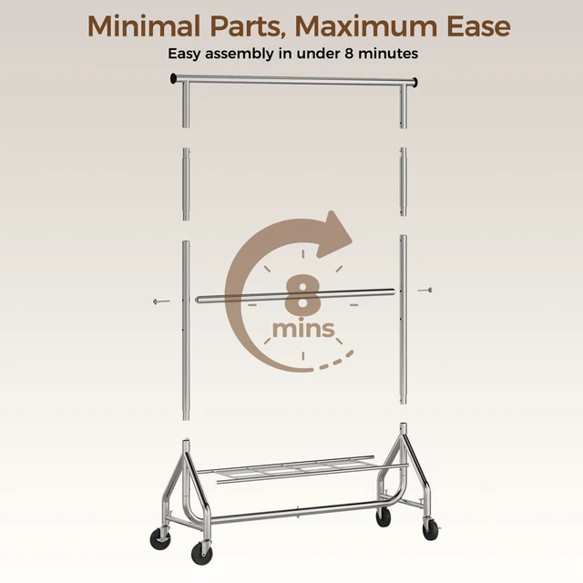 Alt view image 6 of 7 - Heavy Duty Clothes Rack, Double Rod Clothing Rack for Hanging Clothes, Rolling Garment Rack, Adjustable Freestanding Wardrobe Closet Coat Rack for Bedroom Laundry Living Room, Silver