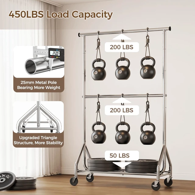 Alt view image 7 of 7 - Heavy Duty Clothes Rack, Double Rod Clothing Rack for Hanging Clothes, Rolling Garment Rack, Adjustable Freestanding Wardrobe Closet Coat Rack for Bedroom Laundry Living Room, Silver