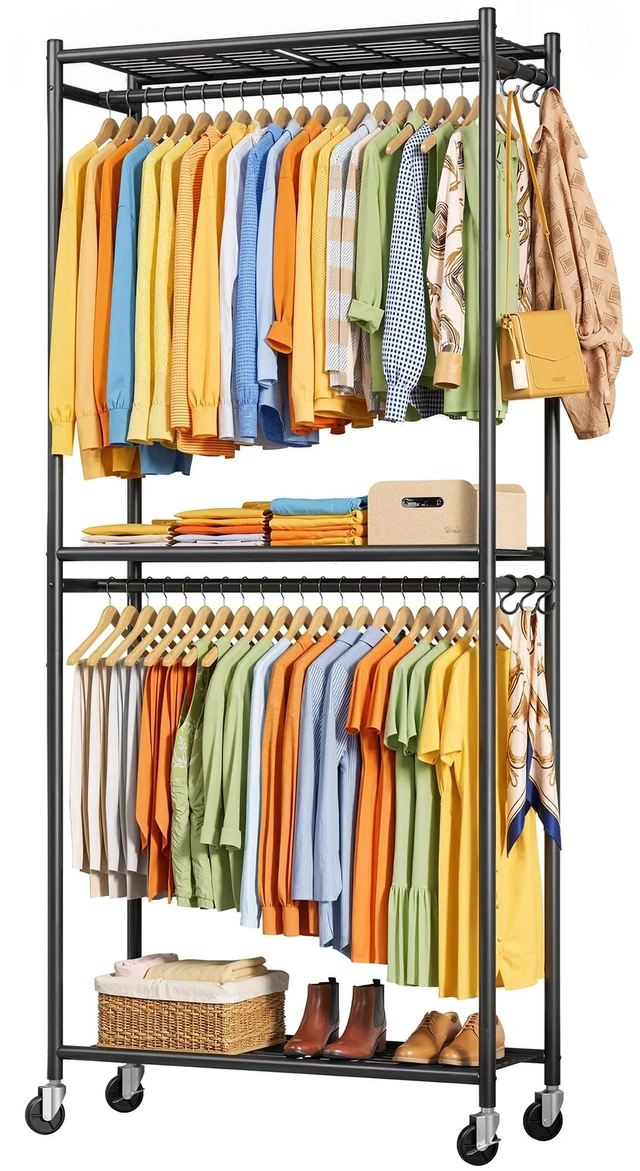 Main image of Clothes Rack - 33.0" x 12.2" x 79.5" Clothing Rack with Shelves & Wheels, Multi-Functional Wardrobe Closet with Hooks, Sturdy Metal Garment Rack for Bedroom, Laundry, Balcony (Black)