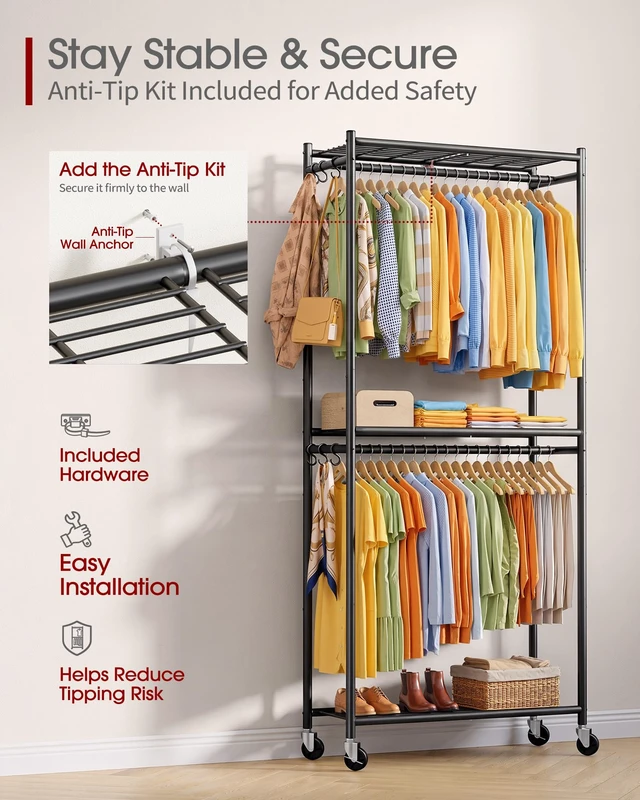 Alt view image 2 of 7 - Clothes Rack - 33.0" x 12.2" x 79.5" Clothing Rack with Shelves & Wheels, Multi-Functional Wardrobe Closet with Hooks, Sturdy Metal Garment Rack for Bedroom, Laundry, Balcony (Black)