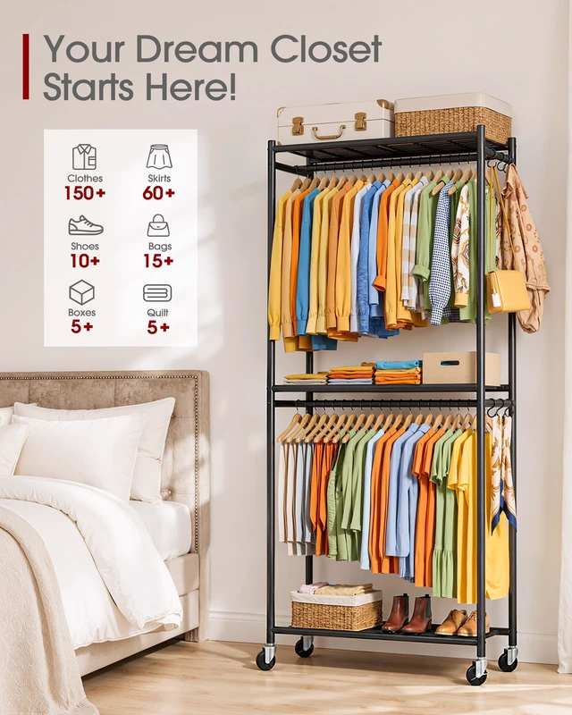 Alt view image 3 of 7 - Clothes Rack - 33.0" x 12.2" x 79.5" Clothing Rack with Shelves & Wheels, Multi-Functional Wardrobe Closet with Hooks, Sturdy Metal Garment Rack for Bedroom, Laundry, Balcony (Black)