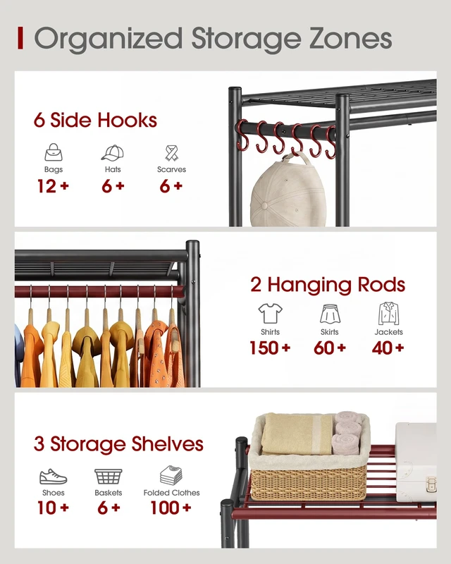 Alt view image 4 of 7 - Clothes Rack - 33.0" x 12.2" x 79.5" Clothing Rack with Shelves & Wheels, Multi-Functional Wardrobe Closet with Hooks, Sturdy Metal Garment Rack for Bedroom, Laundry, Balcony (Black)