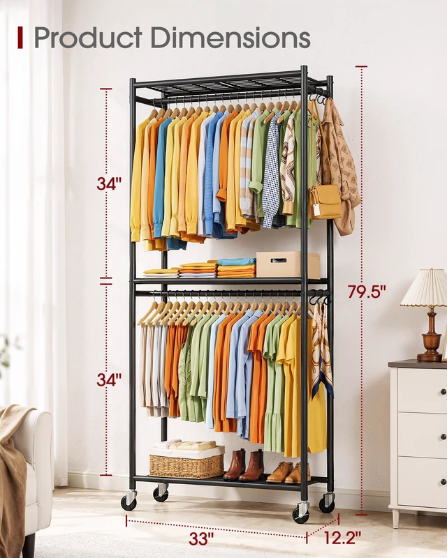 Alt view image 5 of 7 - Clothes Rack - 33.0" x 12.2" x 79.5" Clothing Rack with Shelves & Wheels, Multi-Functional Wardrobe Closet with Hooks, Sturdy Metal Garment Rack for Bedroom, Laundry, Balcony (Black)