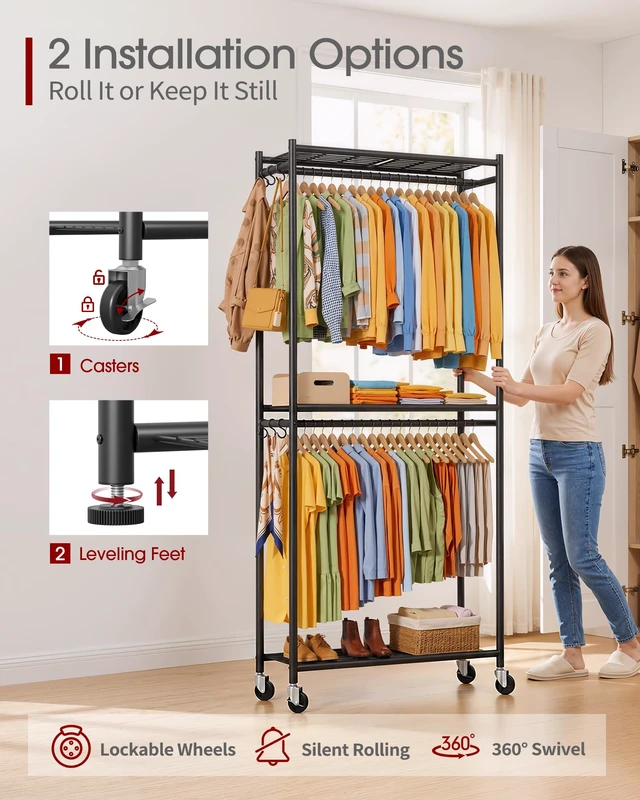 Alt view image 6 of 7 - Clothes Rack - 33.0" x 12.2" x 79.5" Clothing Rack with Shelves & Wheels, Multi-Functional Wardrobe Closet with Hooks, Sturdy Metal Garment Rack for Bedroom, Laundry, Balcony (Black)
