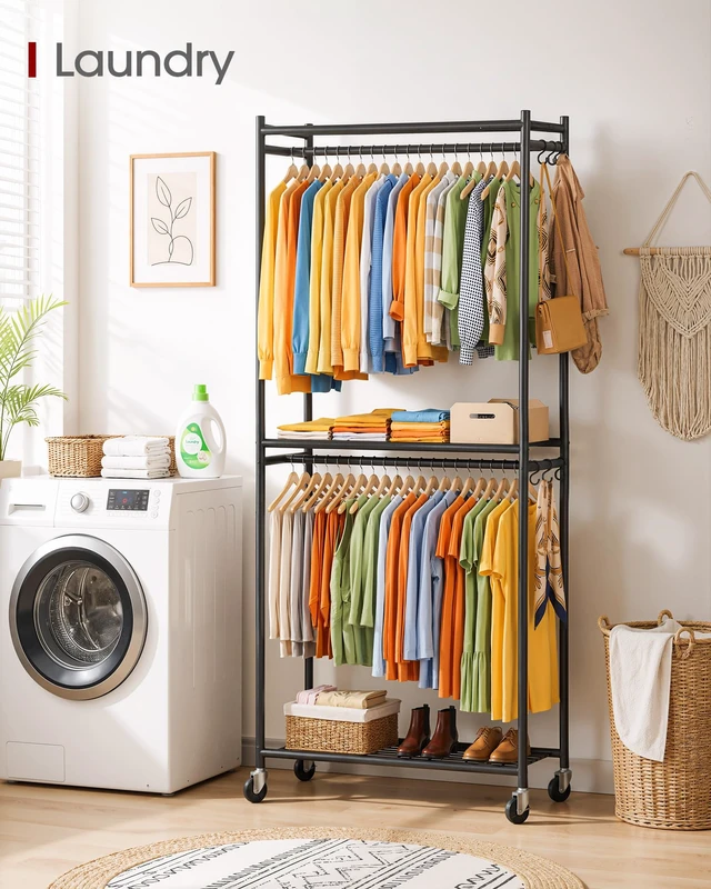 Alt view image 7 of 7 - Clothes Rack - 33.0" x 12.2" x 79.5" Clothing Rack with Shelves & Wheels, Multi-Functional Wardrobe Closet with Hooks, Sturdy Metal Garment Rack for Bedroom, Laundry, Balcony (Black)