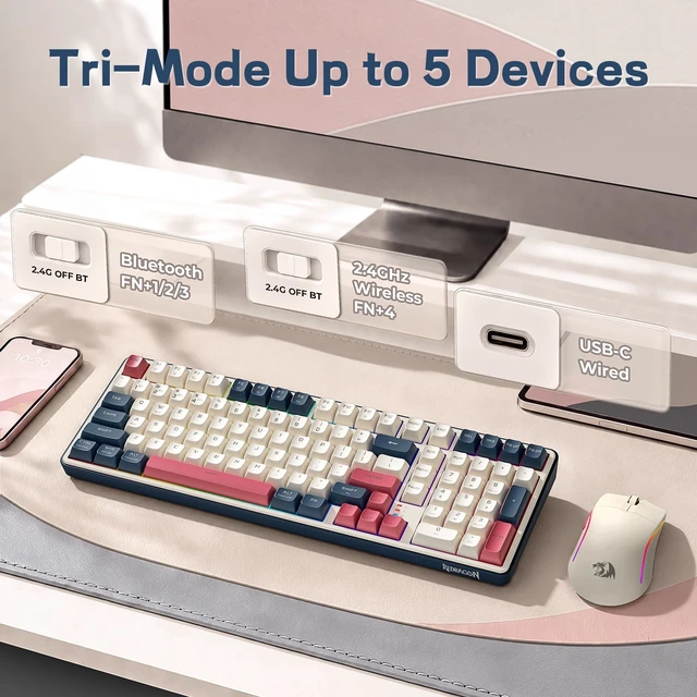 Alt view image 2 of 7 - S174 Gaming Keyboard and Mouse Wireless with Tri-Mode, RGB Keyboard and 5000 DPI 61G Ultra-Light Gaming Mouse, Computer Keyboard Creamy Cute with Number Pad BT/2.4GHz/USB-C - Beige