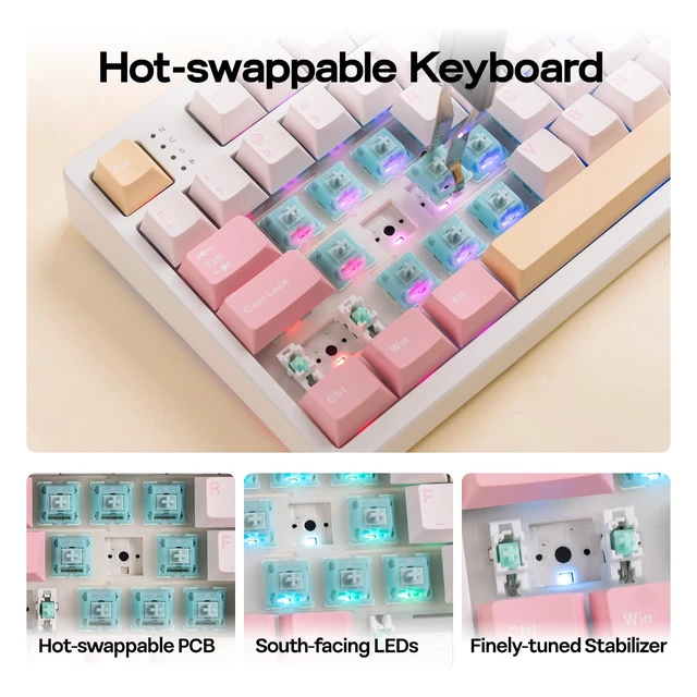 Alt view image 6 of 6 - TH108 Full Size Mechanical Keyboard, Wireless Gaming Keyboard with 10000mAh Battery, Creamy Gasket, 108 Keys, Hot Swap, Custom Driver, RGB Backlight (Pink, Creamy Jade)