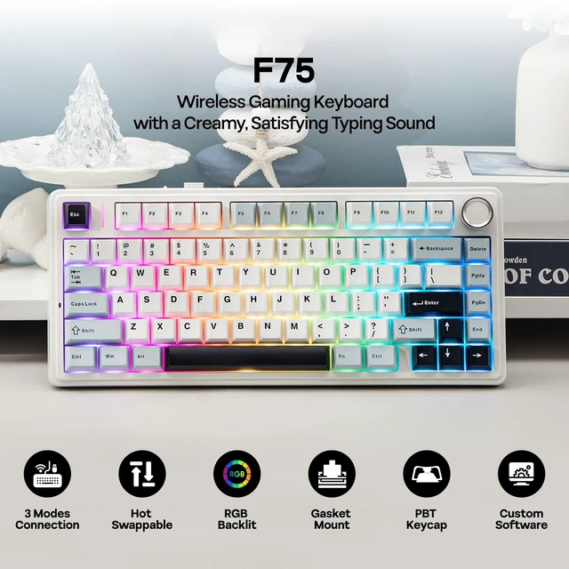 Alt view image 2 of 7 - F75 Gasket Mechanical Keyboard, 75% Wireless Hot Swappable Gaming Keyboard with Five-Layer Padding&Knob, BT/2.4GHz/USB-C, RGB (Light Blue, Ice Vein Switch)